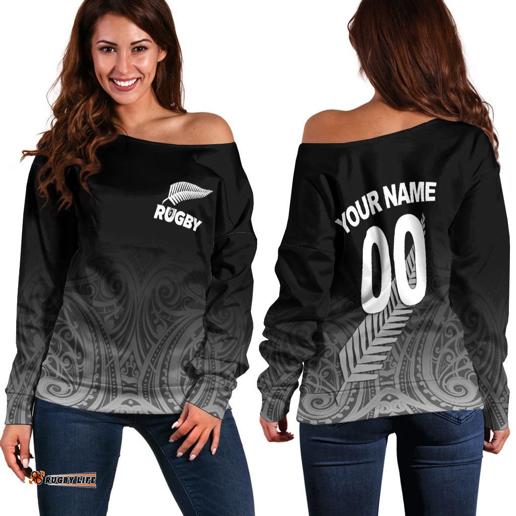 Custom Personalised New Zealand Rugby Women Off Shoulder Sweater Maori Tribal
