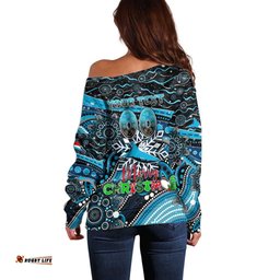 Merry Christmas Sharks Off Shoulder Sweater Aboriginal Santa Rugby Mascot Cronulla Sutherland