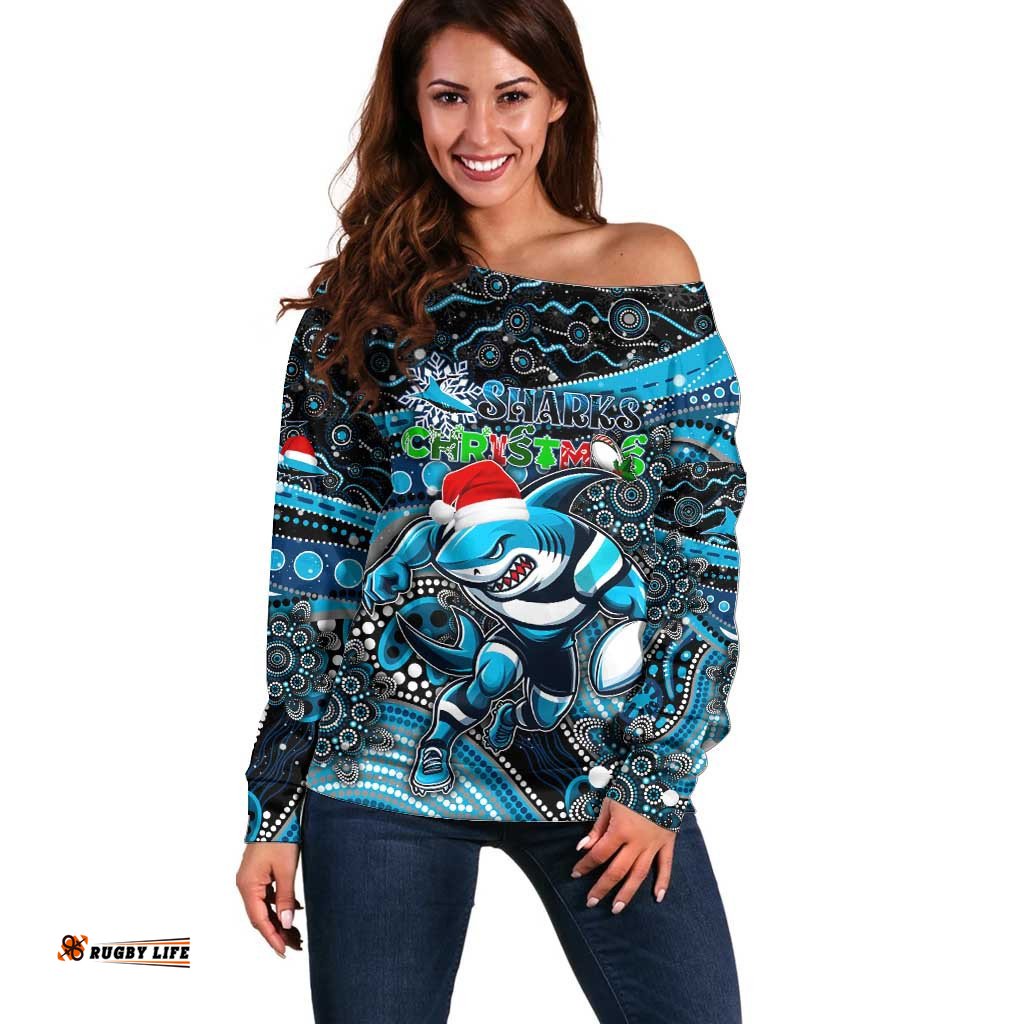 Merry Christmas Sharks Off Shoulder Sweater Aboriginal Santa Rugby Mascot Cronulla Sutherland