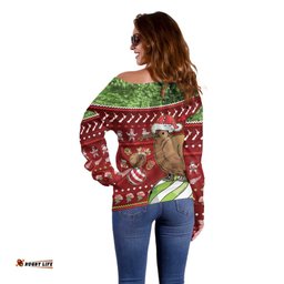 New Zealand Kiwi Christmas Off Shoulder Sweater Paua Shell Glitter Green