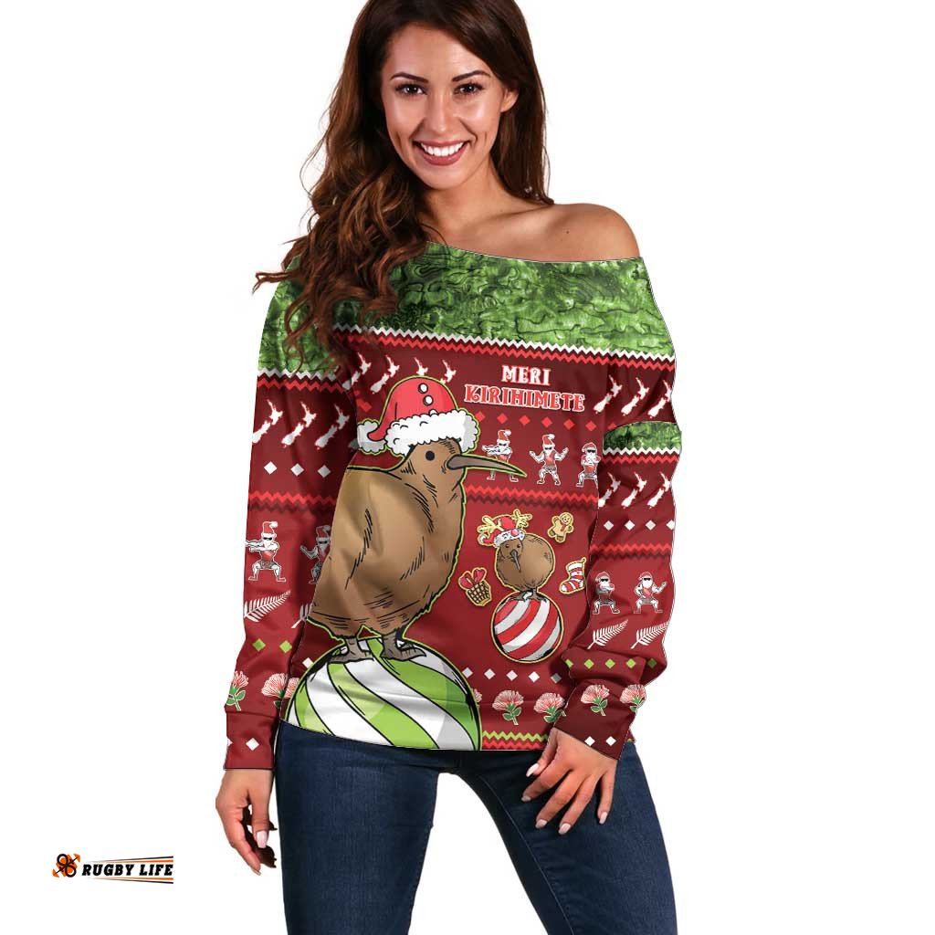 New Zealand Kiwi Christmas Off Shoulder Sweater Paua Shell Glitter Green