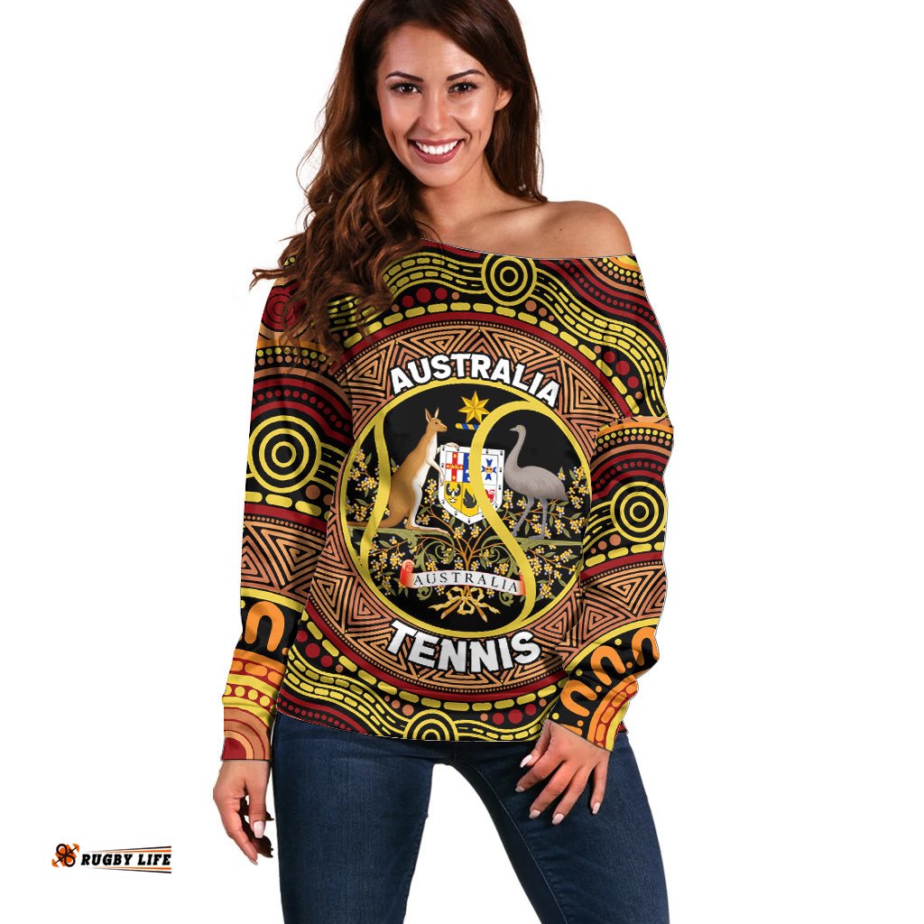 Personalised Australia Tennis Off Shoulder Sweater Aussie Indigenous Art