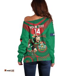 Custom NRL Rabbitohs NAIDOC Week Off Shoulder Sweater Keep The Fire Burning Indigenous Art