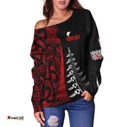 Custom Personalised Waitangi Day Off Shoulder Sweater Maori Mix Fern Style Red