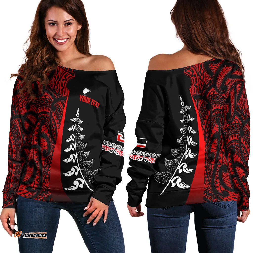Custom Personalised Waitangi Day Off Shoulder Sweater Maori Mix Fern Style Red
