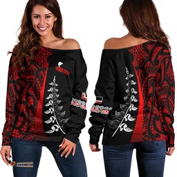 Custom Personalised Waitangi Day Off Shoulder Sweater Maori Mix Fern Style Red
