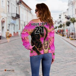 Custom Personalised Penrith Panthers Rugby Women Off Shoulder Sweater Pink Crouching Panther Premiers 2022