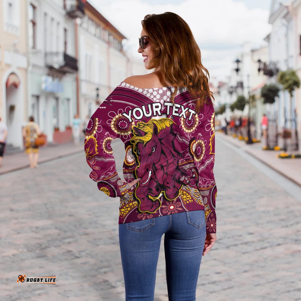 Custom Personalised Broncos Rugby Off Shoulder Sweater Indigenous Pattern Artsy Ver.01