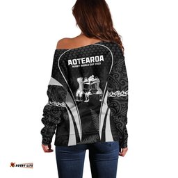 New Zealand Aotearoa Rugby Off Shoulder Sweater Haka Dance Mixed Silver Fern Sporty Style
