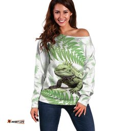 Green New Zealand Tuatara Off Shoulder Sweater Aotearoa Sphenodon Punctatus Silver Fern