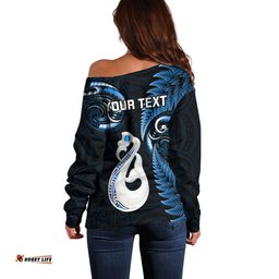 Personalised New Zealand Off Shoulder Sweater Aotearoa Silver Fern With Manaia Maori Unique Blue