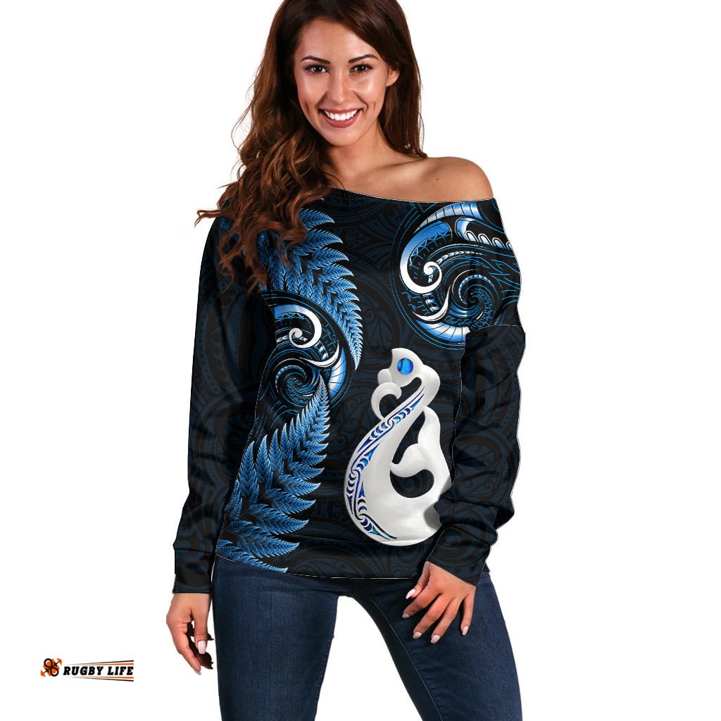 Personalised New Zealand Off Shoulder Sweater Aotearoa Silver Fern With Manaia Maori Unique Blue