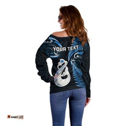 Personalised New Zealand Off Shoulder Sweater Aotearoa Silver Fern With Manaia Maori Unique Blue