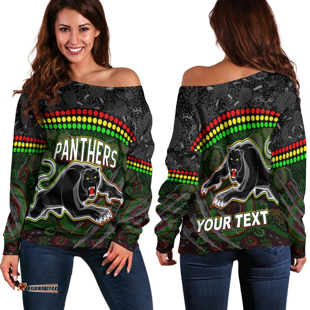Custom Personalised Panthers Off Shoulder Sweater Premiers Aboriginal