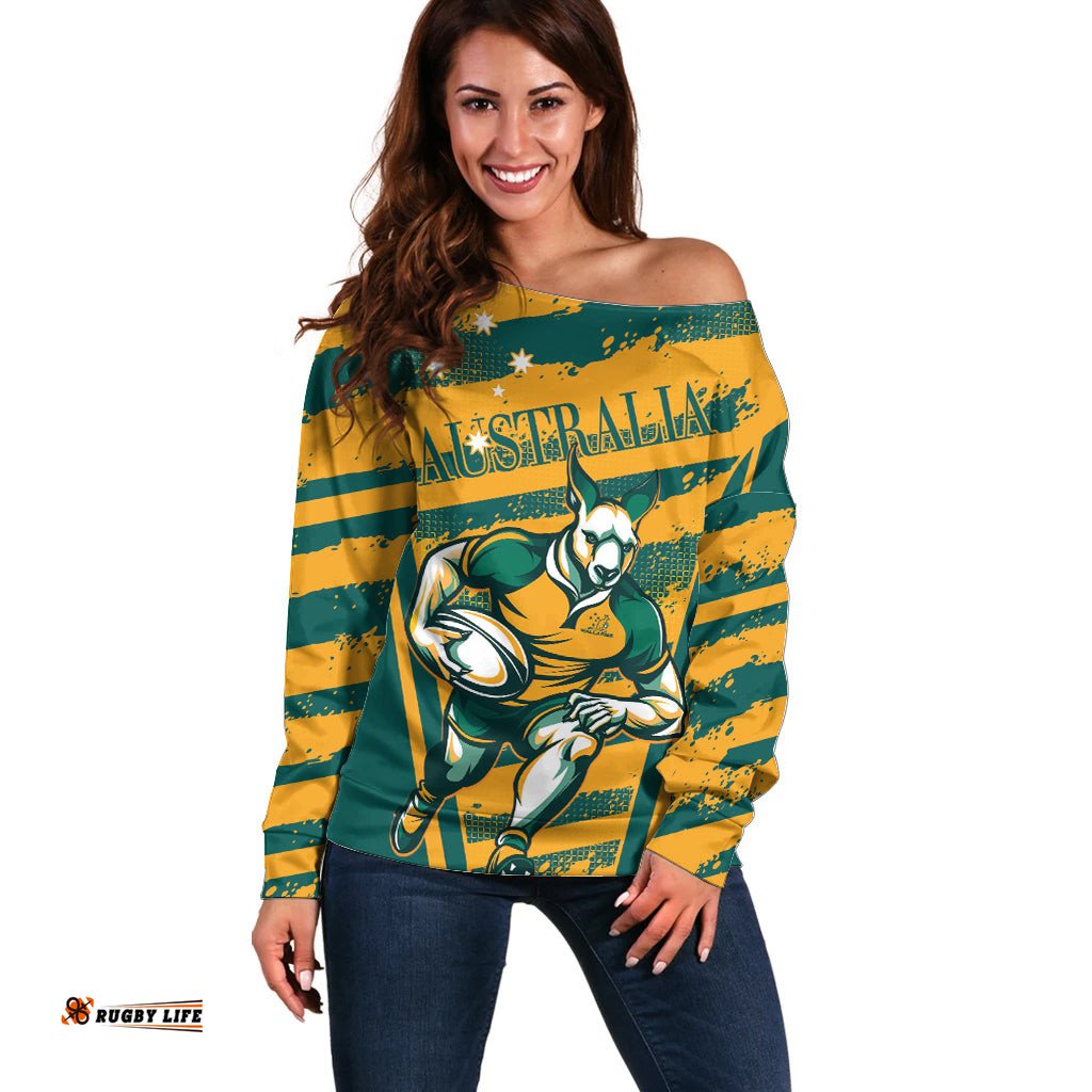 Custom Australia Rugby Off Shoulder Sweater Wallabies Mascots Indigenous Aboriginal Version