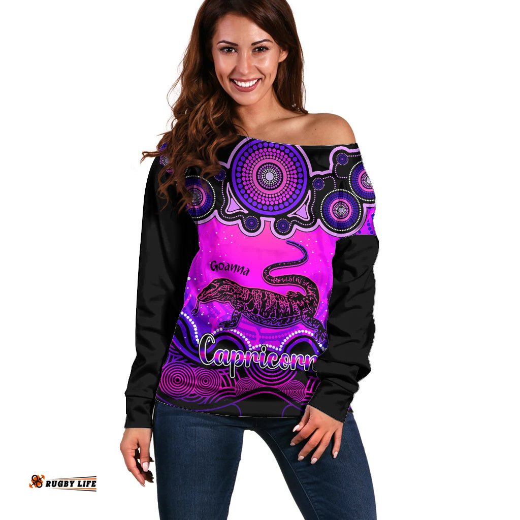 Personalised Australia Capricorn Goanna Zodiac Off Shoulder Sweater Auz Astrology Aboriginal Magenta