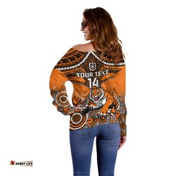 Personalised Tigers Rugby Off Shoulder Sweater Aboriginal Mix Polynesian Pattern