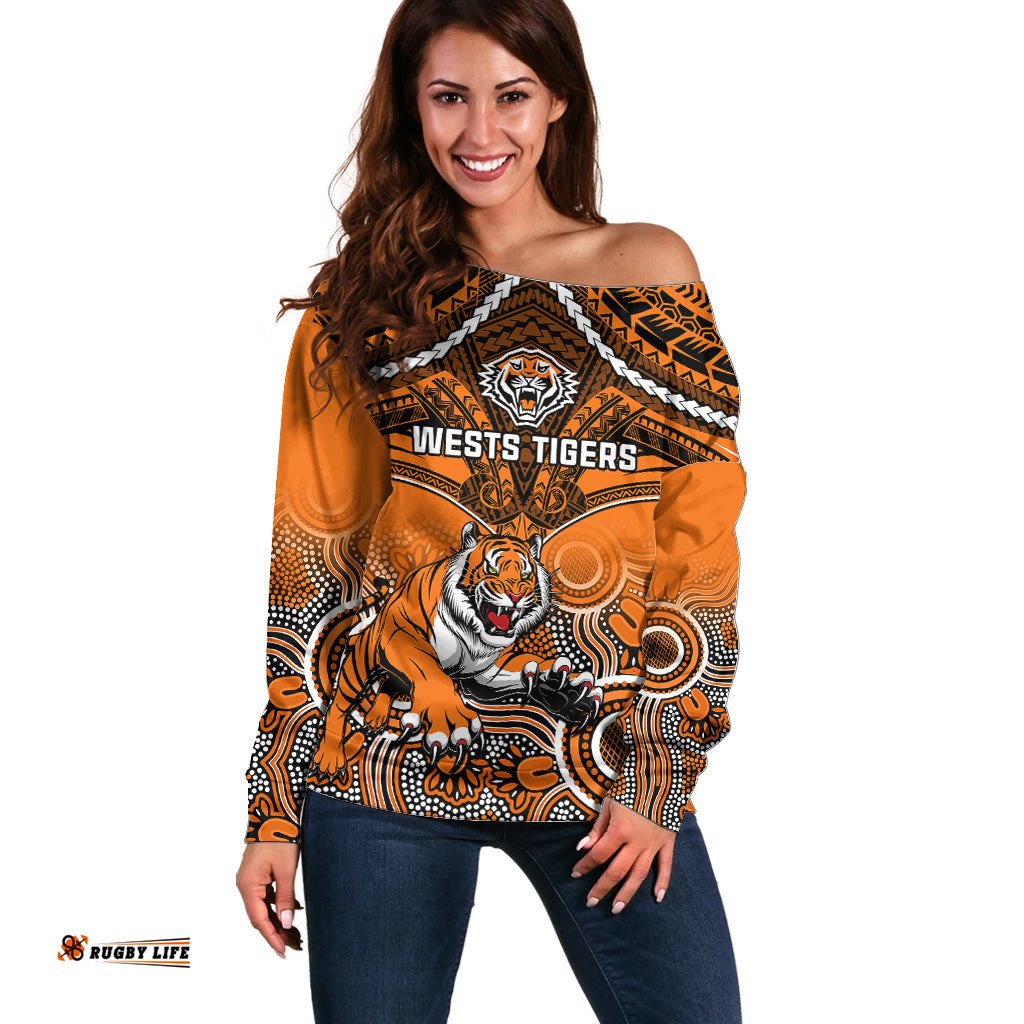 Personalised Tigers Rugby Off Shoulder Sweater Aboriginal Mix Polynesian Pattern