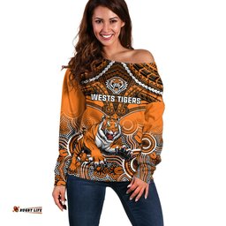 Personalised Tigers Rugby Off Shoulder Sweater Aboriginal Mix Polynesian Pattern