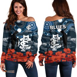 Carlton Football ANZAC Off Shoulder Sweater Blues Aboriginal Mix Poppy Camouflage