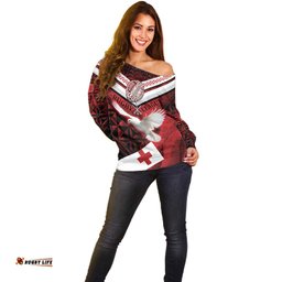 Custom Tonga XIII Rugby Tribal Tattoo Off Shoulder Sweater Mate Ma'a Tonga Kupesi Ngatu Grunge Style