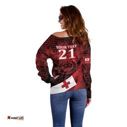Custom Tonga XIII Rugby Tribal Tattoo Off Shoulder Sweater Mate Ma'a Tonga Kupesi Ngatu Grunge Style