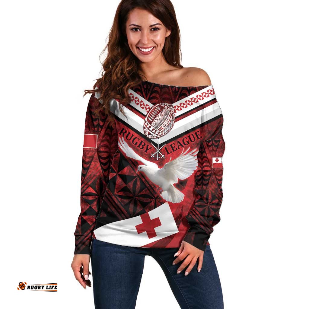 Custom Tonga XIII Rugby Tribal Tattoo Off Shoulder Sweater Mate Ma'a Tonga Kupesi Ngatu Grunge Style