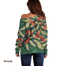 Australian Native Eucalyptus Plant Off Shoulder Sweater Aboriginal Dot Art