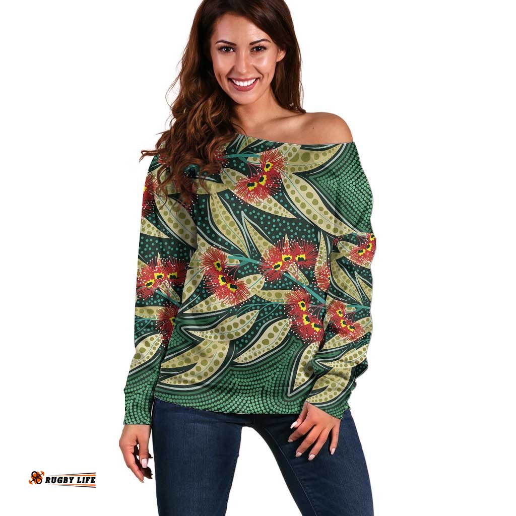 Australian Native Eucalyptus Plant Off Shoulder Sweater Aboriginal Dot Art