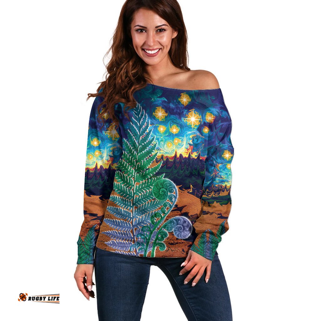 Personalised New Zealand Matariki Art Star Off Shoulder Sweater Koru Fern Night Starry Sky