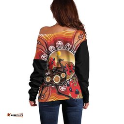 Sturt's Desert Pea And Emu Australia Off Shoulder Sweater Uluru Aboriginal Art
