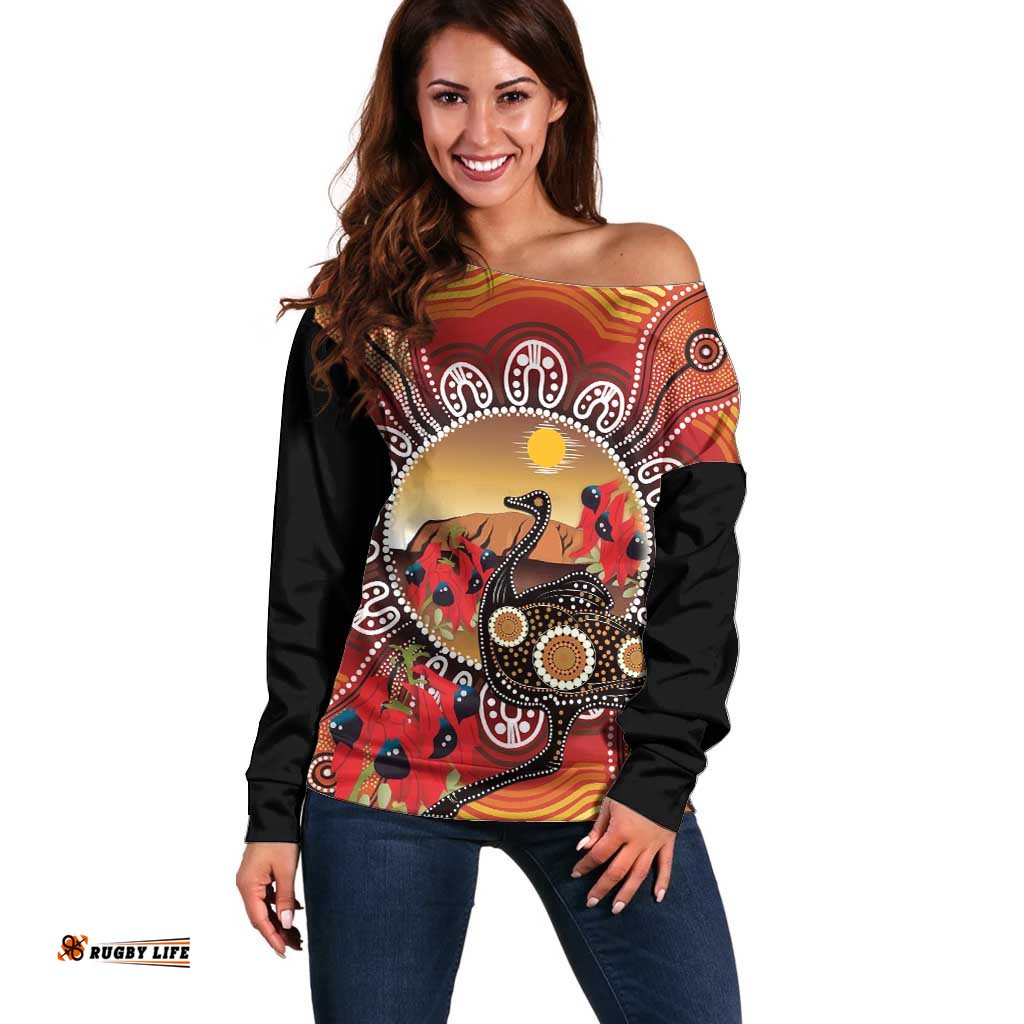 Sturt's Desert Pea And Emu Australia Off Shoulder Sweater Uluru Aboriginal Art