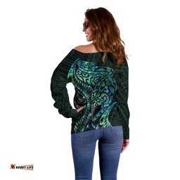 New Zealand Eel Off Shoulder Sweater Tuna Aotearoa Maori With Paua Shell Turquoise