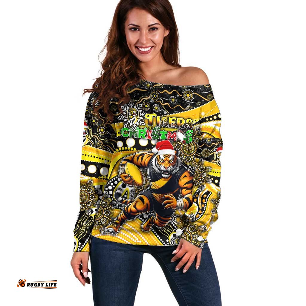 Merry Christmas AFL Richmond Tigers Off Shoulder Sweater Aboriginal Santa Football Mascot