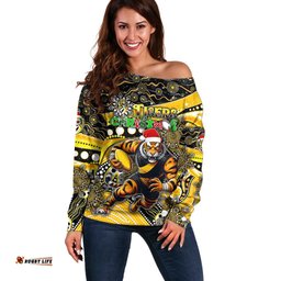 Merry Christmas AFL Richmond Tigers Off Shoulder Sweater Aboriginal Santa Football Mascot