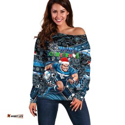 Merry Christmas AFL Carlton Blues Off Shoulder Sweater Aboriginal Santa Football Mascot
