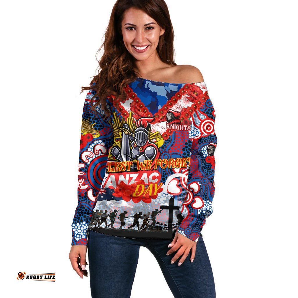 Personalised Knights ANZAC Day Off Shoulder Sweater Aboriginal Rising Sun