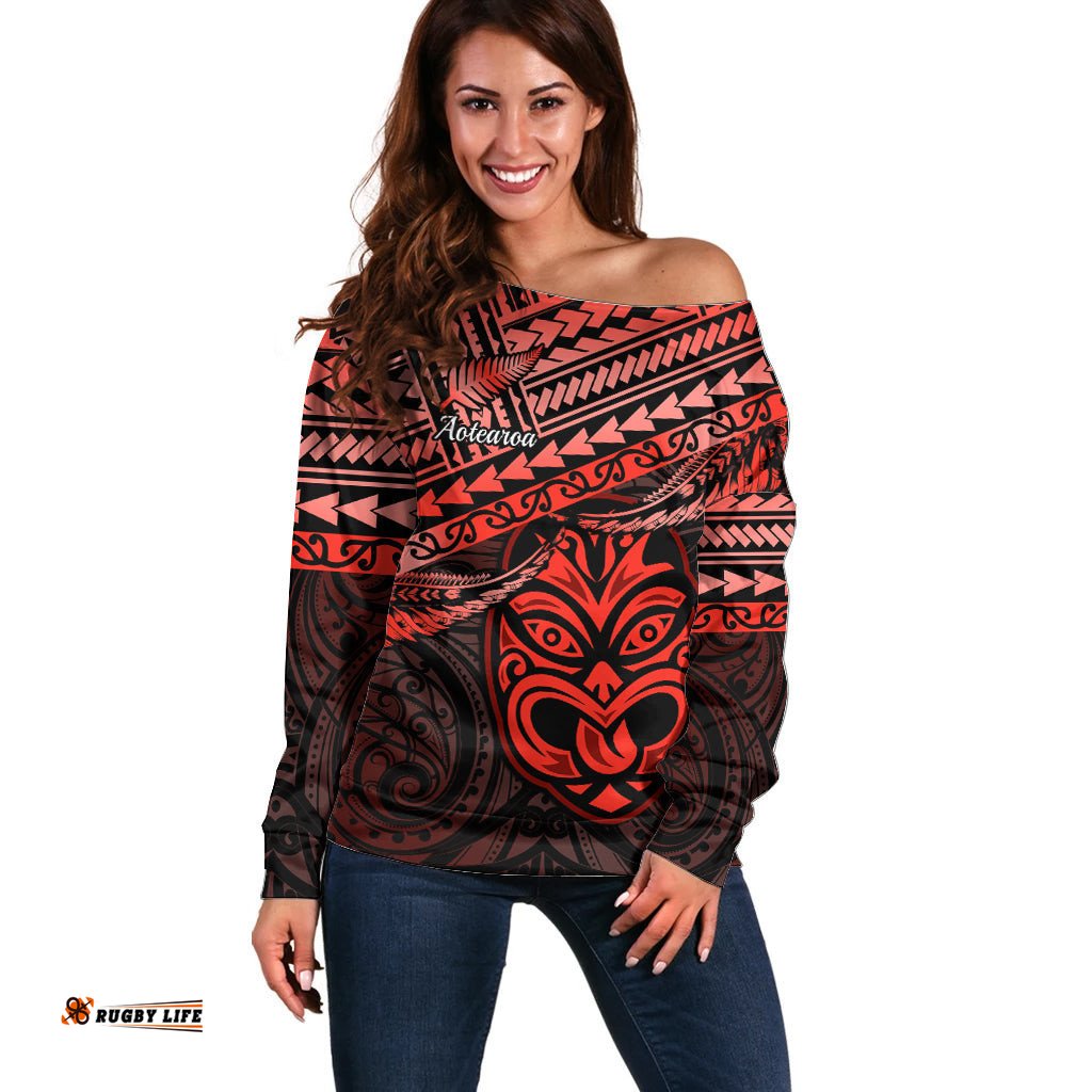 Matariki New Zealand Off Shoulder Sweater Maori New Year Tiki Red Version