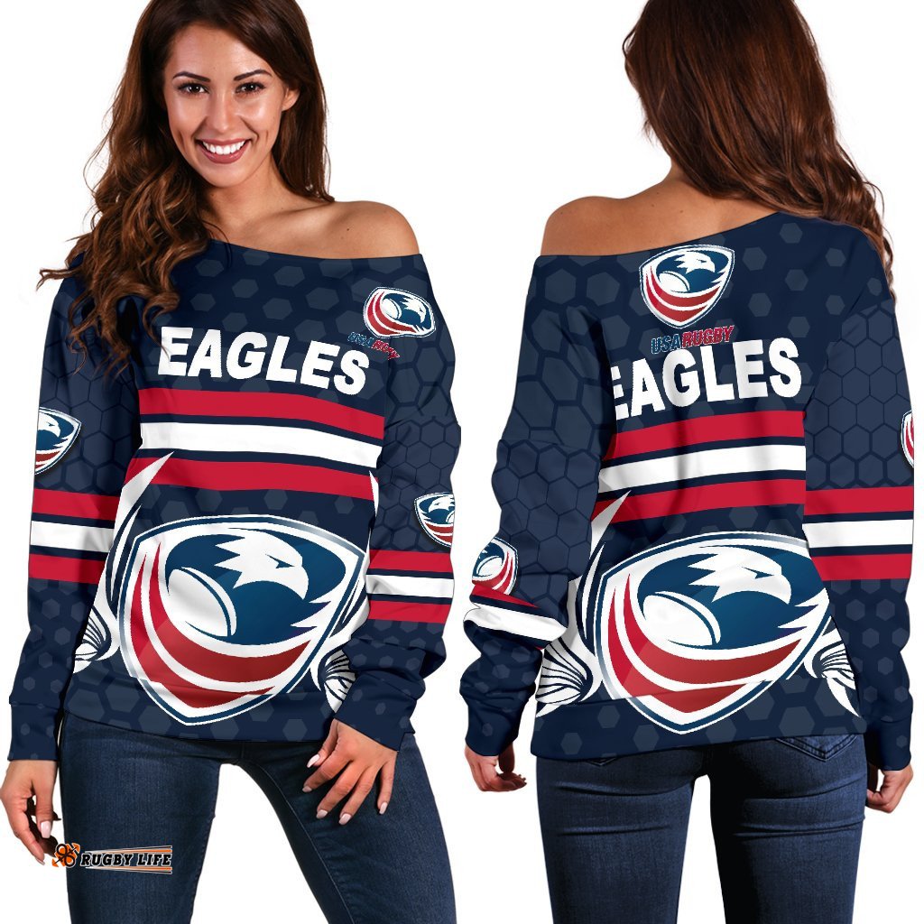 USA Rugby Women's Off Shoulder Sweater Eagles Simple Style Full Navy