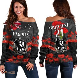Custom Personalised Magpies Football ANZAC Women Off Shoulder Sweater Lest We Forget