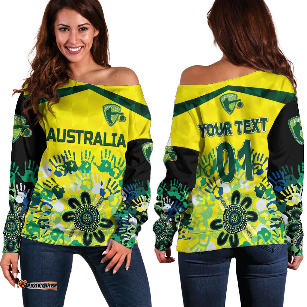 Custom Personalised Australia Cricket Off Shoulder Sweater Aboriginal Style Unique Black 09