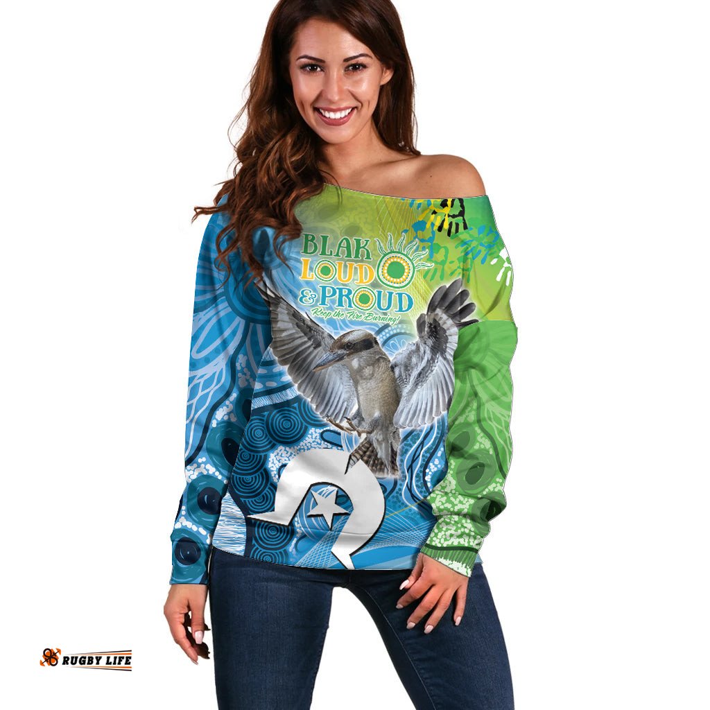 Vivid Kookaburra NAIDOC 2024 Off Shoulder Sweater Aboriginal Art Style