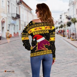 Brisbane Women Off Shoulder Sweater Broncos Christmas Unique Vibes Black
