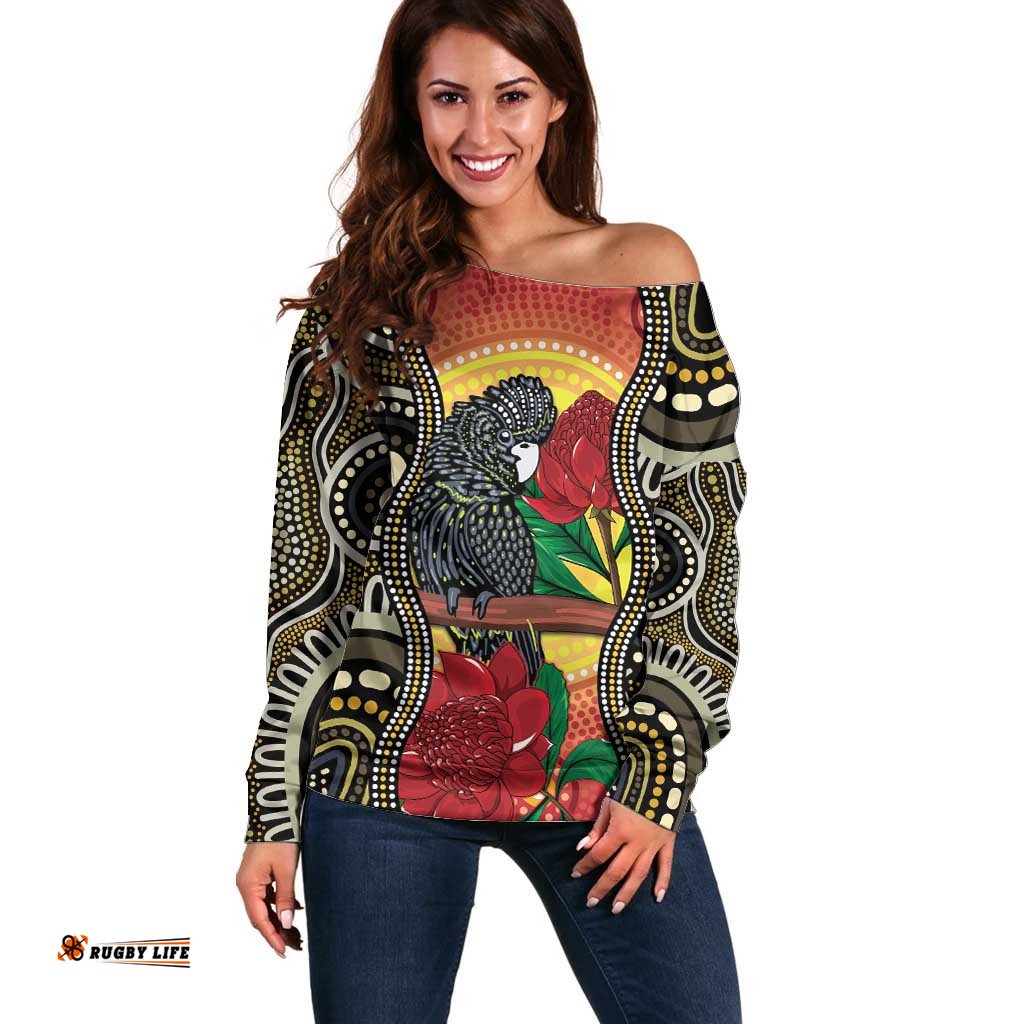 Waratah And Banksian Cockatoo Off Shoulder Sweater Aboriginal Art