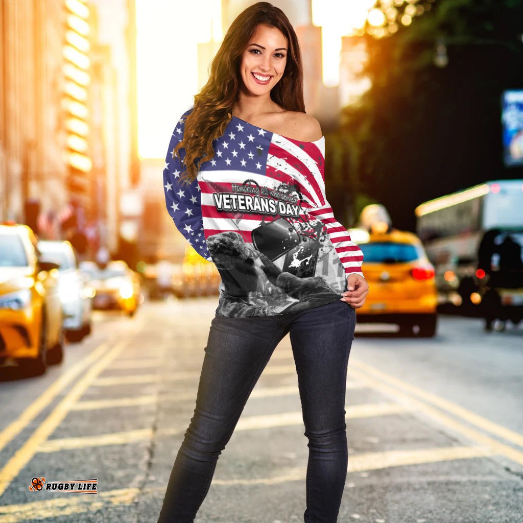Custom PersonalisedVeterans Day Women Off Shoulder Sweater Shirt Flag