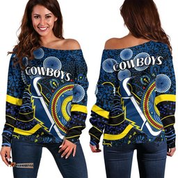 Cowboys Rugby Women Off Shoulder Sweater Aboriginal Dots Version