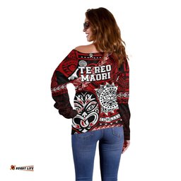 Te Reo Maori New Zealand Off Shoulder Sweater Aotearoa Kia Haka Maori Tribal Tattoo Red Style
