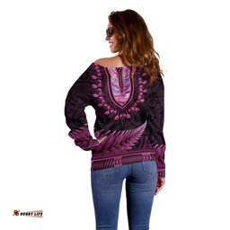 Pink African Dashiki With Aotearoa Maori Off Shoulder Sweater Paua Shell Mix Silver Fern