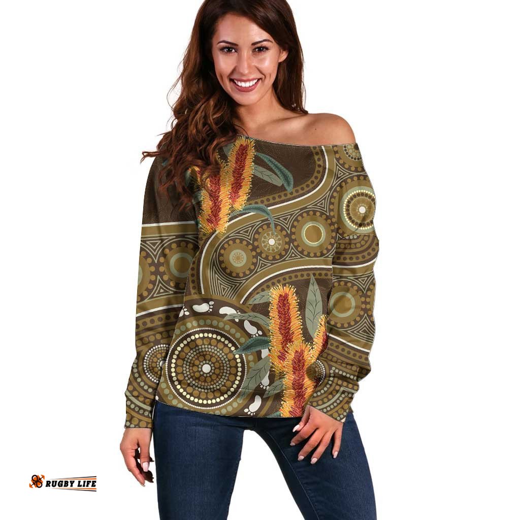 Australian Yellow Banksia Flowers Off Shoulder Sweater Aboriginal Dot Art