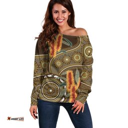 Australian Yellow Banksia Flowers Off Shoulder Sweater Aboriginal Dot Art
